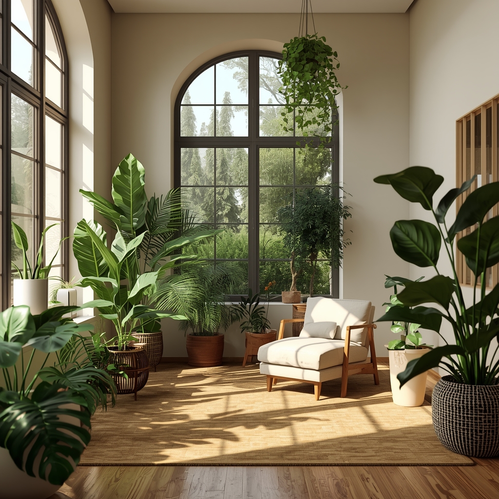 Generate a photorealistic, 8k resolution image of a beautifully styled modern living room interior. The room is bathed in warm natural sunlight streaming through large windows. It features an abundance of lush, healthy indoor plants of various sizes, including a large Monstera Deliciosa, a fiddle leaf fig, and hanging pothos plants. Premium aesthetic, architectural digest style, no people, no woman.